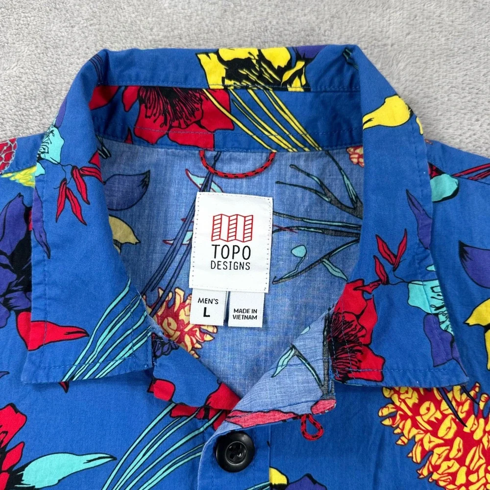 Topo Designs Shirt Men Large Blue Floral Short Sleeve Loop Collar Outdoor Casual - Picture 2 of 10